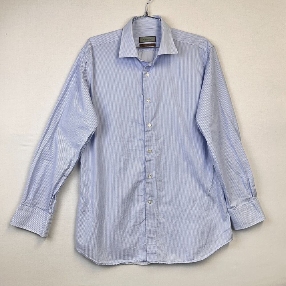 Canali Impeccabile Dress Shirt Blue Stripe Men's 43 17 100% Cotton Italy